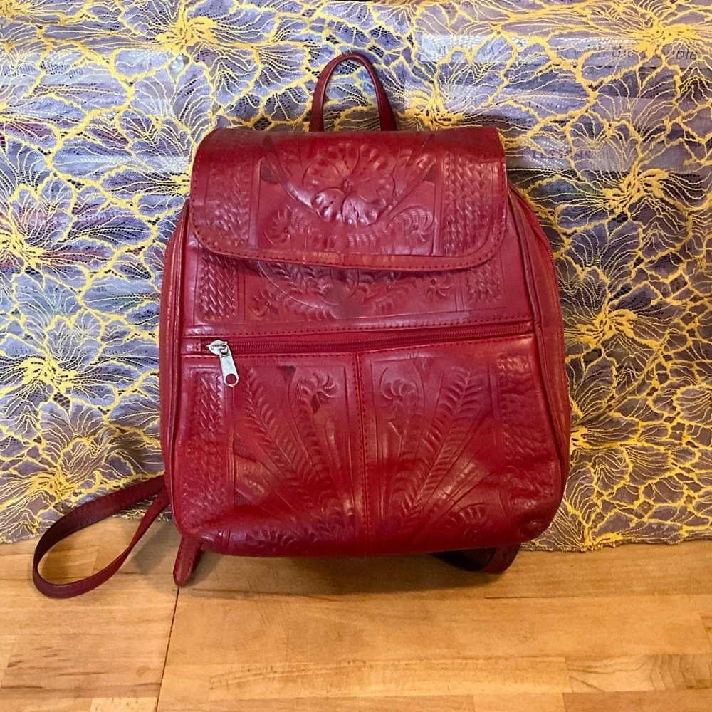 Genuine Leather Ropin West Red Backpack Purse